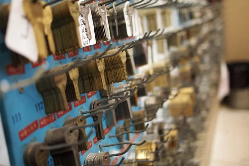The key-blank wall inside Rick's Lock & Key's Chattanooga showroom